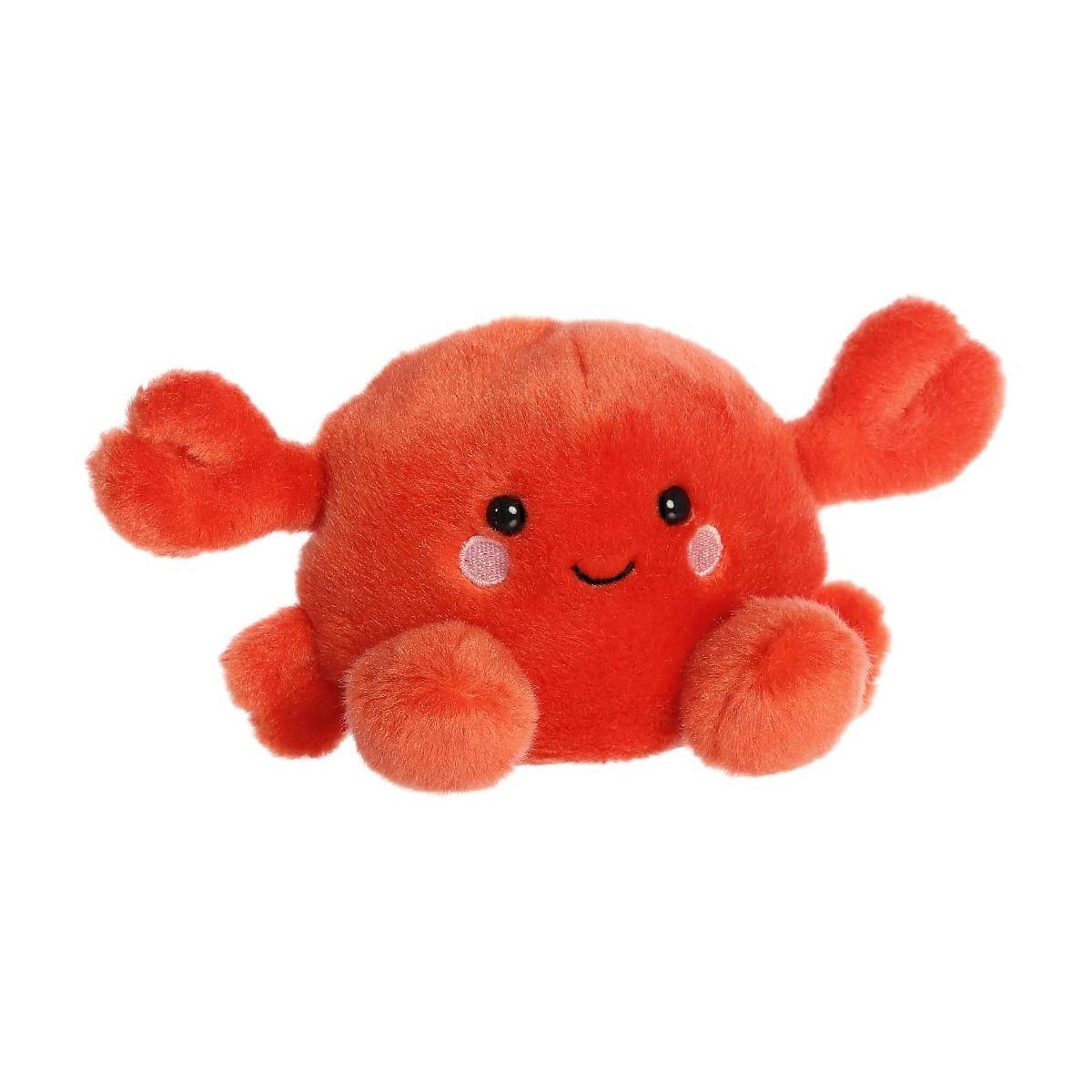 Meet Palm Pal Snippy Crab by Twice as Sweet—a red plush crab with big claws, round black eyes, pink cheeks, and a smiling mouth. Perfect for aquatic party themes, shown against a white background.