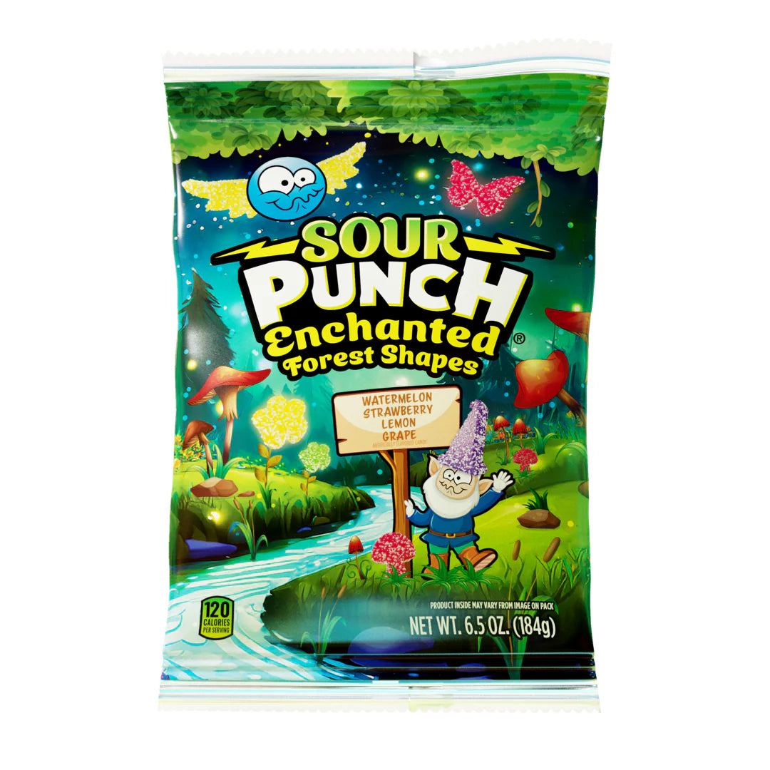 A colorful bag of Twice as Sweet Sour Punch Enchanted Forest Forest Shapes 184g (USA) features woodland graphics, a gnome, and a sign with watermelon, strawberry, lemon, and grape flavors. Net weight: 184g.