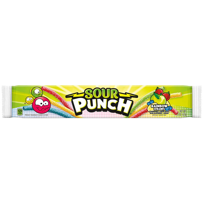 A 57g pack of Twice as Sweet Sour Punch Rainbow Straws (USA), featuring colorful straws on a bright green background with smiling cartoon fruit, highlights the classic American rainbow flavor variety.