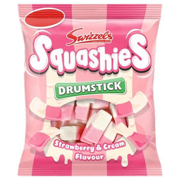 A pink and white 140g bag of Twice as Sweet Squashies Strawberry and Cream (UK), featuring Strawberry & Cream Flavour text and images of pink and white chewy strawberry-shaped sweets on the packaging.