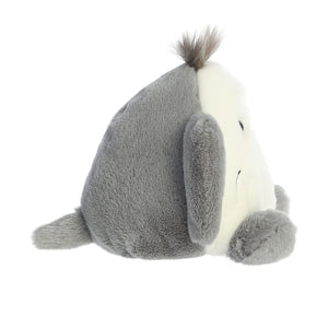 The Twice as Sweet Palm Pal Flapjack Stingray is a grey and white plush toy with floppy fins, a round body, and a tuft of hair on its head—this charming aquatic stuffed animal makes a unique addition to any collection.