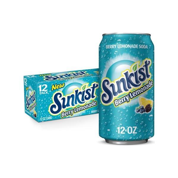 A 355mL can of Sunkist Berry Lemonade by Twice as Sweet is placed next to a 12-pack box, both with blue packaging featuring berries and lemons, showcasing this popular USA berry lemonade soda.
