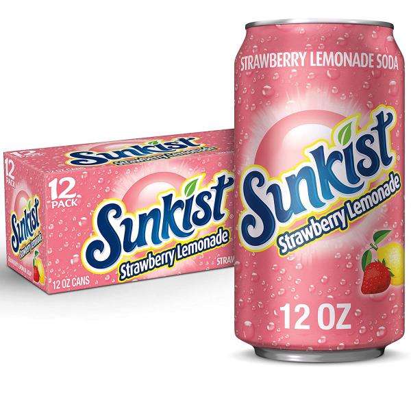 A 355mL can and 12-pack box of Twice as Sweet Sunkist Strawberry Lemonade (USA), both pink with yellow and blue branding, strawberry and lemon images, and water droplets for a refreshing look.