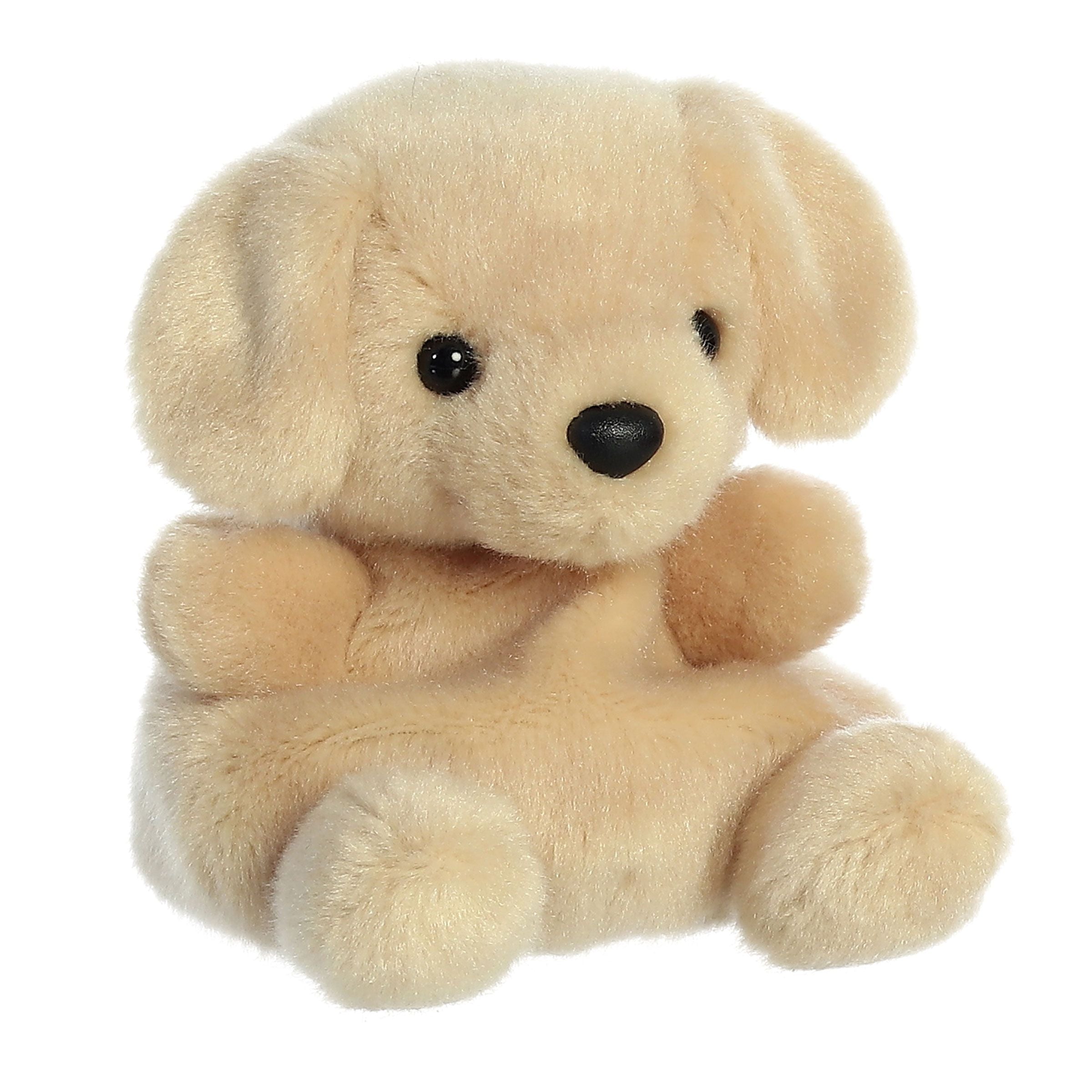 The Twice as Sweet Palm Pal Sunny Lab, a light brown plush puppy with floppy ears, black button eyes, and a black nose, sits upright against a white background.