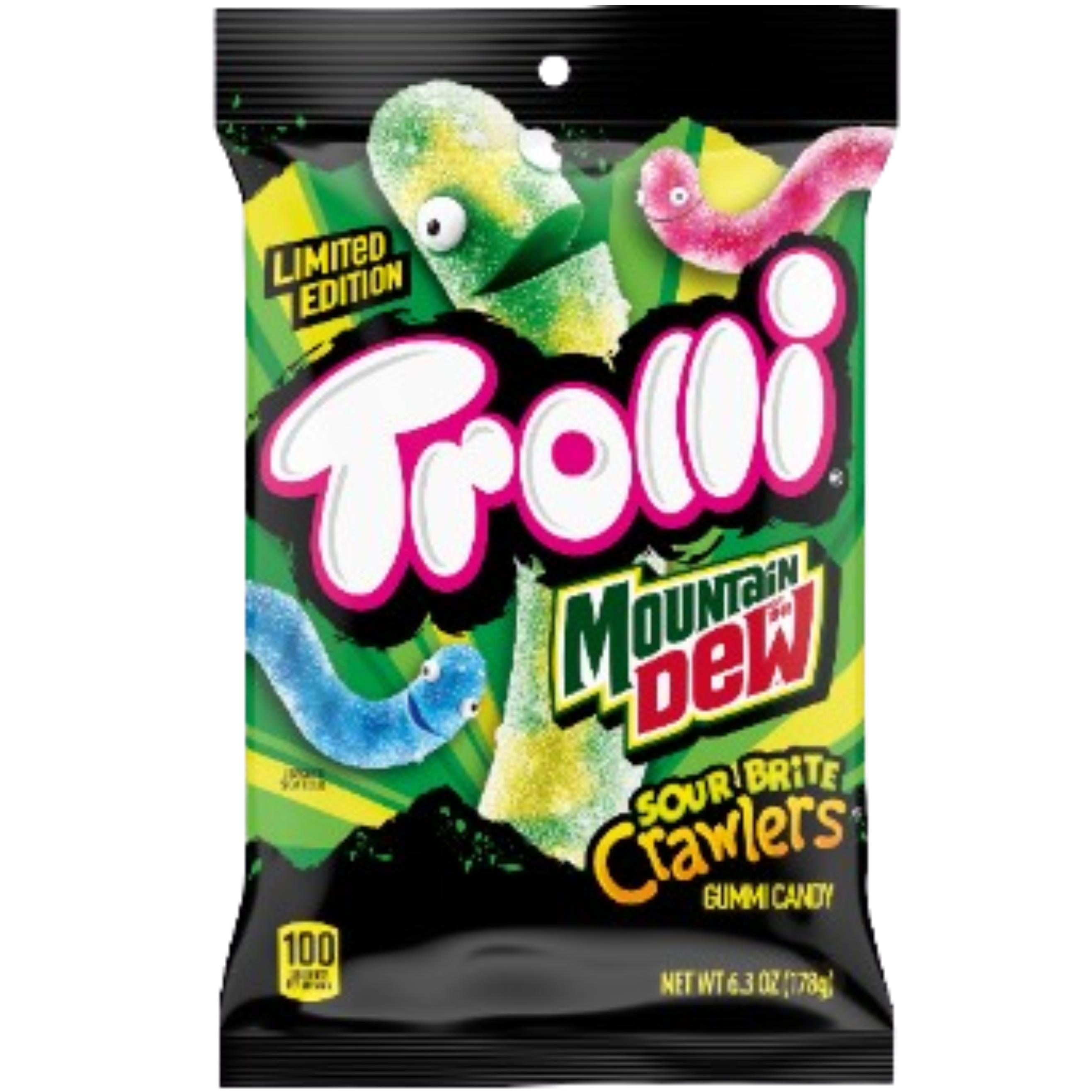 A 178g bag of Twice as Sweet Trolli Mountain Dew Sour Brite Crawlers (USA) in green and black packaging with colorful gummy worms, "Limited Edition" and "100 calories per serving" text.