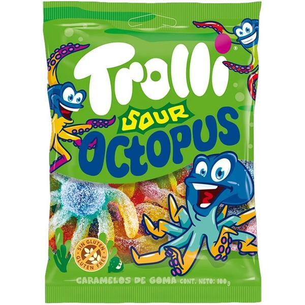 The Twice as Sweet Trolli Sour Octopus 100g (Spain) bag features cartoon octopuses and bright gummy candies, with fruity, gluten-free chewy fun visible through the colorful packaging.