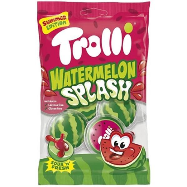 Twice as Sweet Trolli Watermelon Splash 75g (China) is a Summer Edition gummy candy in pink and green packaging with watermelon gummies and a cartoon character, showcasing its popularity as a playful treat.