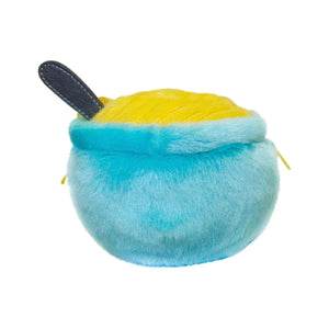 The Twice as Sweet Palm Pal Welly Chicken Soup is a round, plush toy with a soft blue base, yellow top, and a small black side loop—giving cozy comfort and yarn ball vibes.